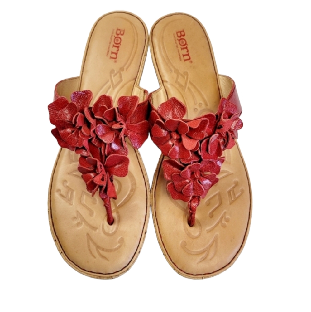 Born Red Floral Thong Leather Flower Wedge Sandals Size 9/40.5